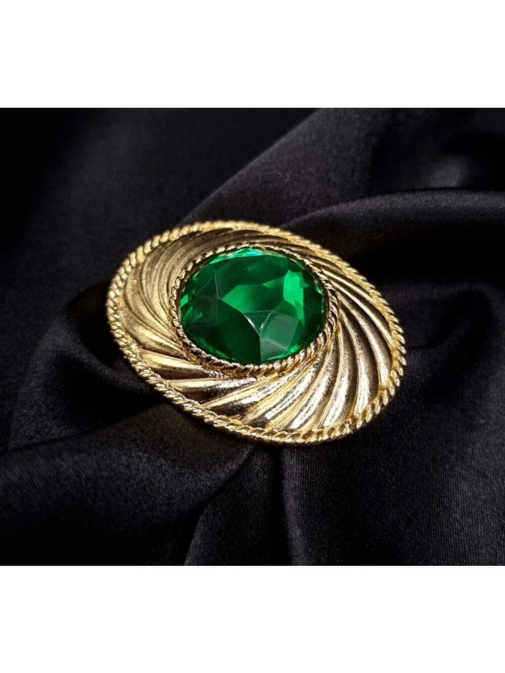 Vintage 1980's Parfums Ungaro Paris Brooch With Large Green Faceted Gemstone